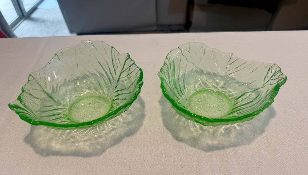 Vintage Viking Glass Cabbage‎ Leaf Salad Bowls - Set of 2